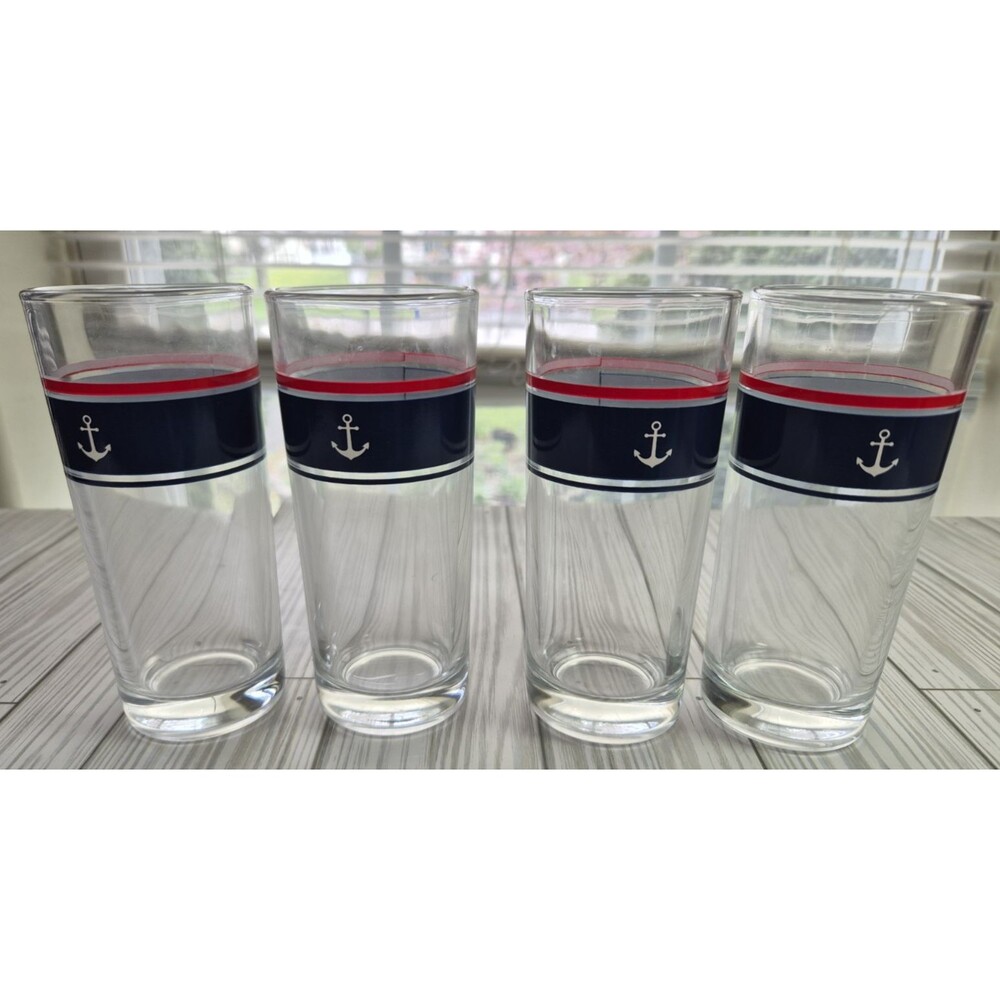 Chic & Tonic Let’s Sail Away Nautical Highball Glasses Ships Anchor Set of 4 6"